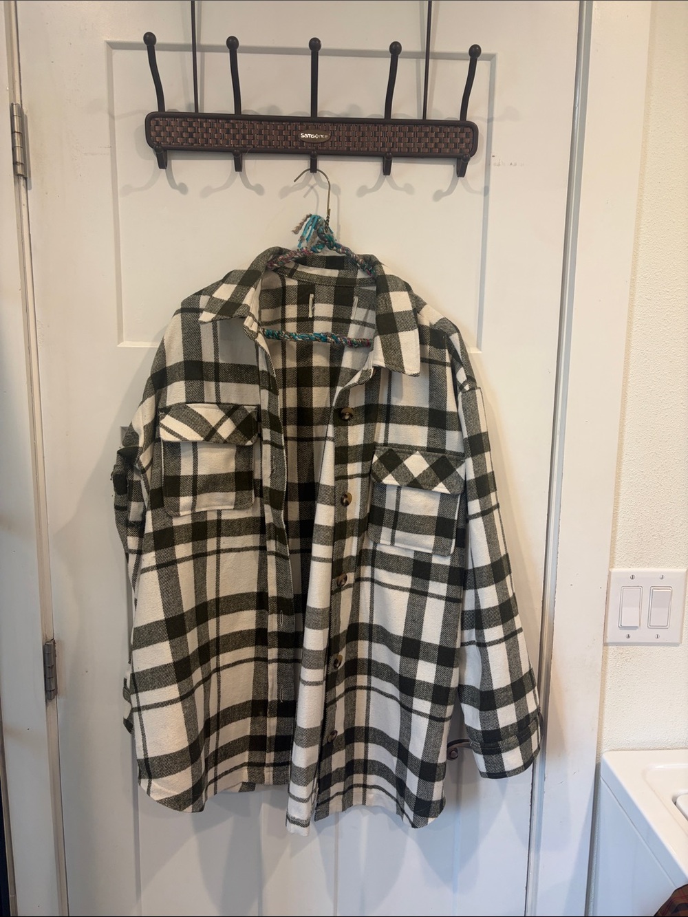 Women's Plaid Pea Coat Jacket - Olive & Cream